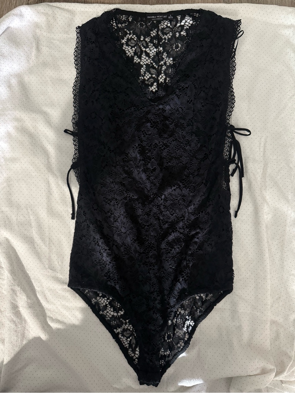 Bershka Black Lace V-Neck Side-Tie Bodysuit